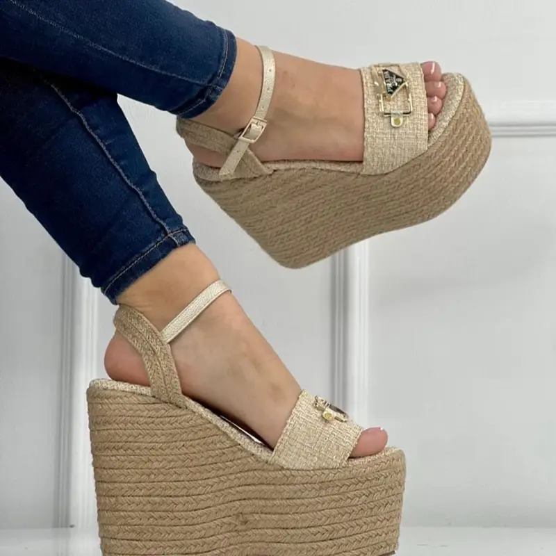 Voyager Brand Sandals Voyager - Beige Wedge Sandals with Platform and Ankle Strap for Casual Wear