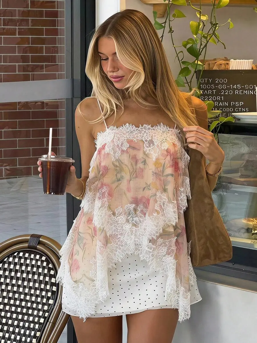 PIONEER Spring/Summer Solid Apricot Floral Print Women's Asymmetrical Hem Lace Patchwork Top, Elegant Romantic Ruffle Top, Apricot Top