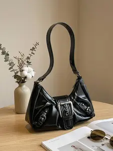 Elegant Half-Moon Underarm Shoulder Bag, Crescent Bag, Women's Fashion Casual Plain Design, Flap Pocket Design, Daily Use Stylish Accessory, All Seasons