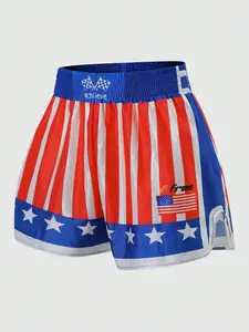 Retro Americana Muay Thai Shorts Unisex - Boxing Trunks with Breathable Elastic Waistband - Patriotic Stars & Stripes MMA Gear for Professional Gym Training & Fight Night