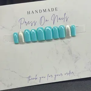 Short square Press on nails silver glitter teal light blue handmade custom gel