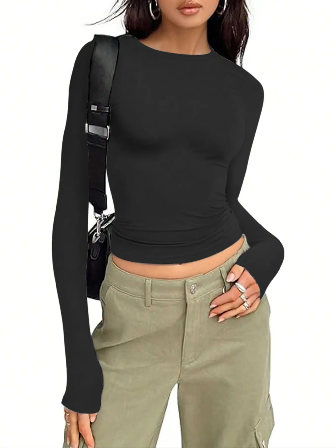 Women's Round Neck Solid Color Long Sleeve Slim Fit Casual Top, All Season Comfortable Kint Fabric, Versatile Basic Tee for Daily Wear, Streetwear