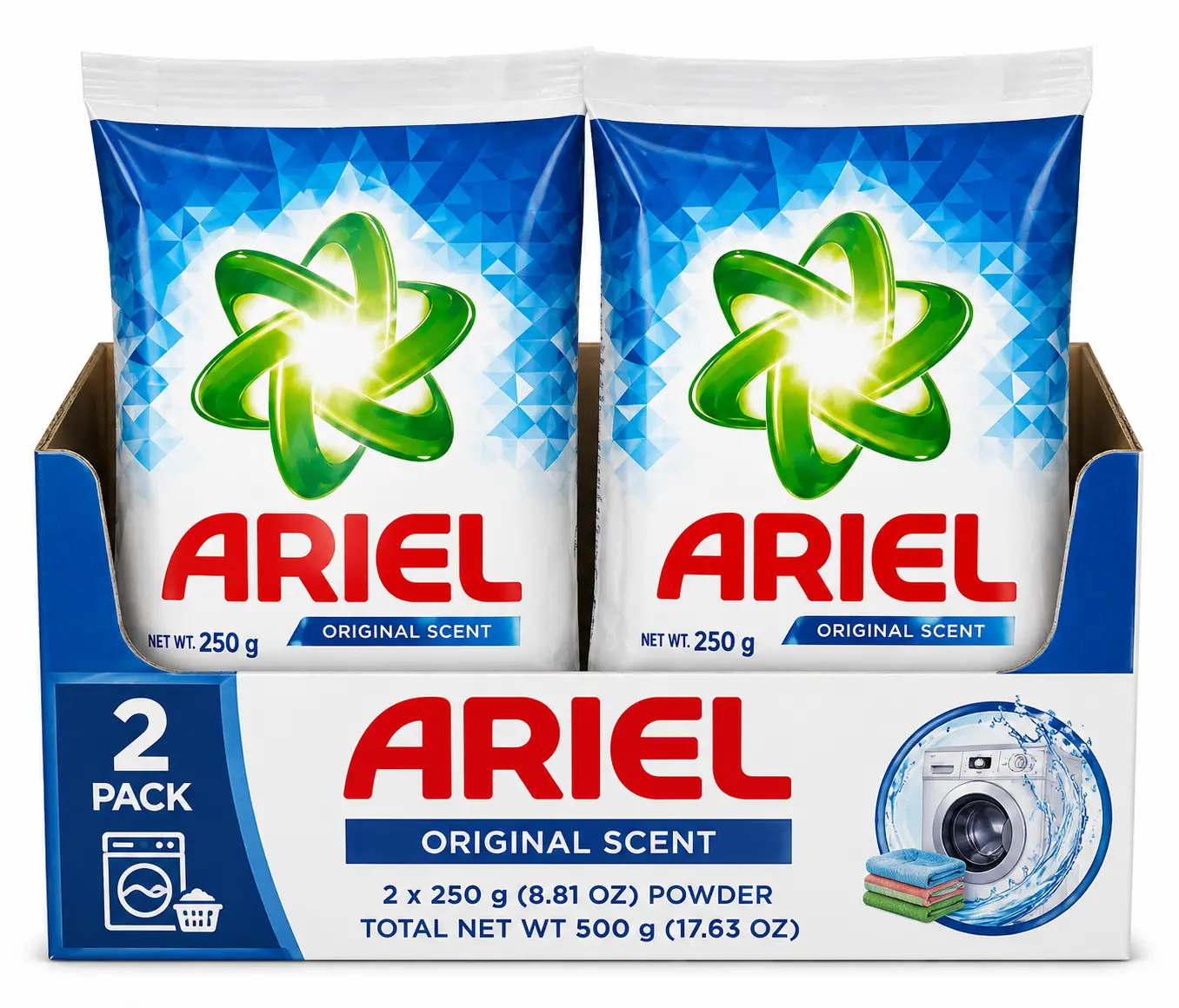 Ariel Original Scent Powder Laundry Detergent, 250 g Sachets, 2 Pack (Total 500 g / 17.63 oz)