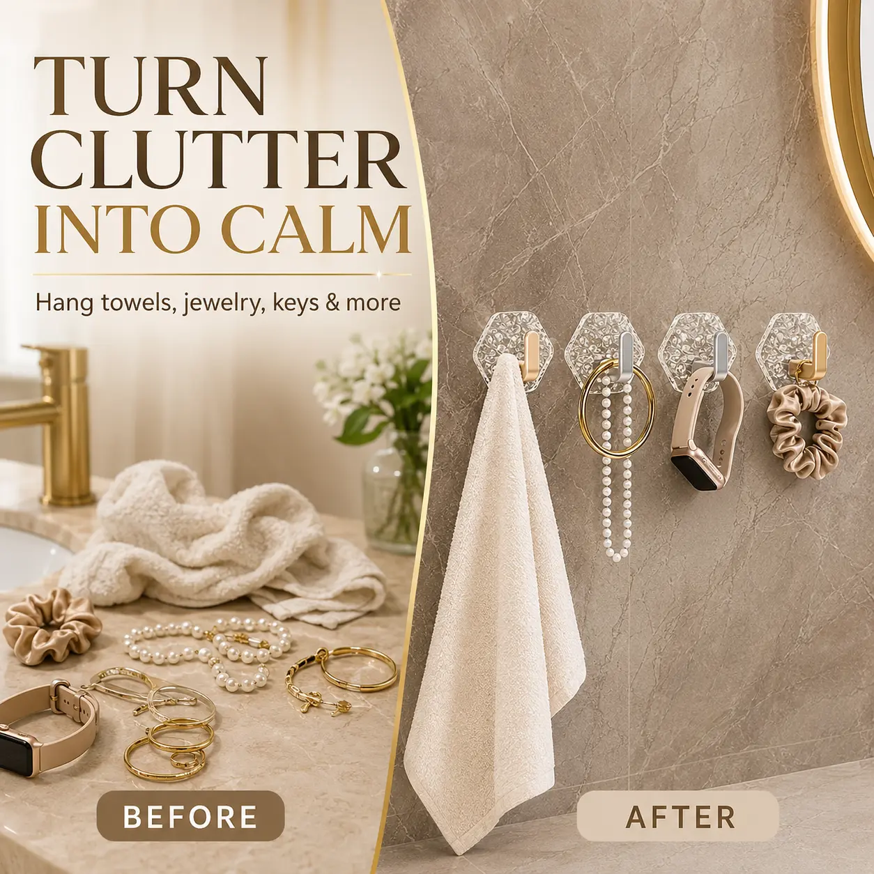 20-pack of self-adhesive hooks, hexagonal wave design,heavy-duty anti-stick, waterproof and rustproof, suitable forbathroom, kitchen, wardrobe, and home storage organizerinstallation.