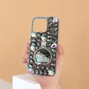 Women's Luxury Diamond Rhinestone Smartphone Case - Perfume Liquid Glitter Sand Ring Holder Stand, Elegant Shockproof Protection Cover for 17 Pro Max,16 Plus,15,14,13,12 Devices, Stylish Mobile Accessory
