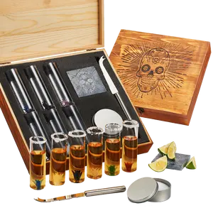 Tequila Shot Glass & Salt Gift Set for Men & Women | Six Agave Shot Glasses, Knife For Limes, One Skull Coaster, One Salt Tin | Skeleton Mahogany Wood Box Package For Tequila, Liquor Lovers
