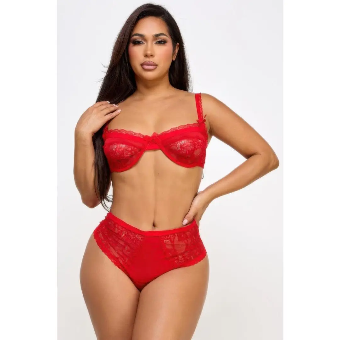 Vyxen Women's Lace Lingerie Set, Underwire Balconette Bra & High Waist Panty, Scalloped Lace Trim Bow Detail Lace-Up Back, Romantic Intimate Boudoir Set, Inclusive Sizing Feminine Gift