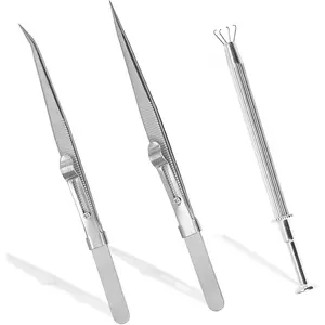 3 Pc Jewelry Pick Up Tool Set, Stainless Steel 4 Claw Piercing Ball Grabber, Diamond Locking Tweezers for Tiny Objects IC Chip Electronic Components