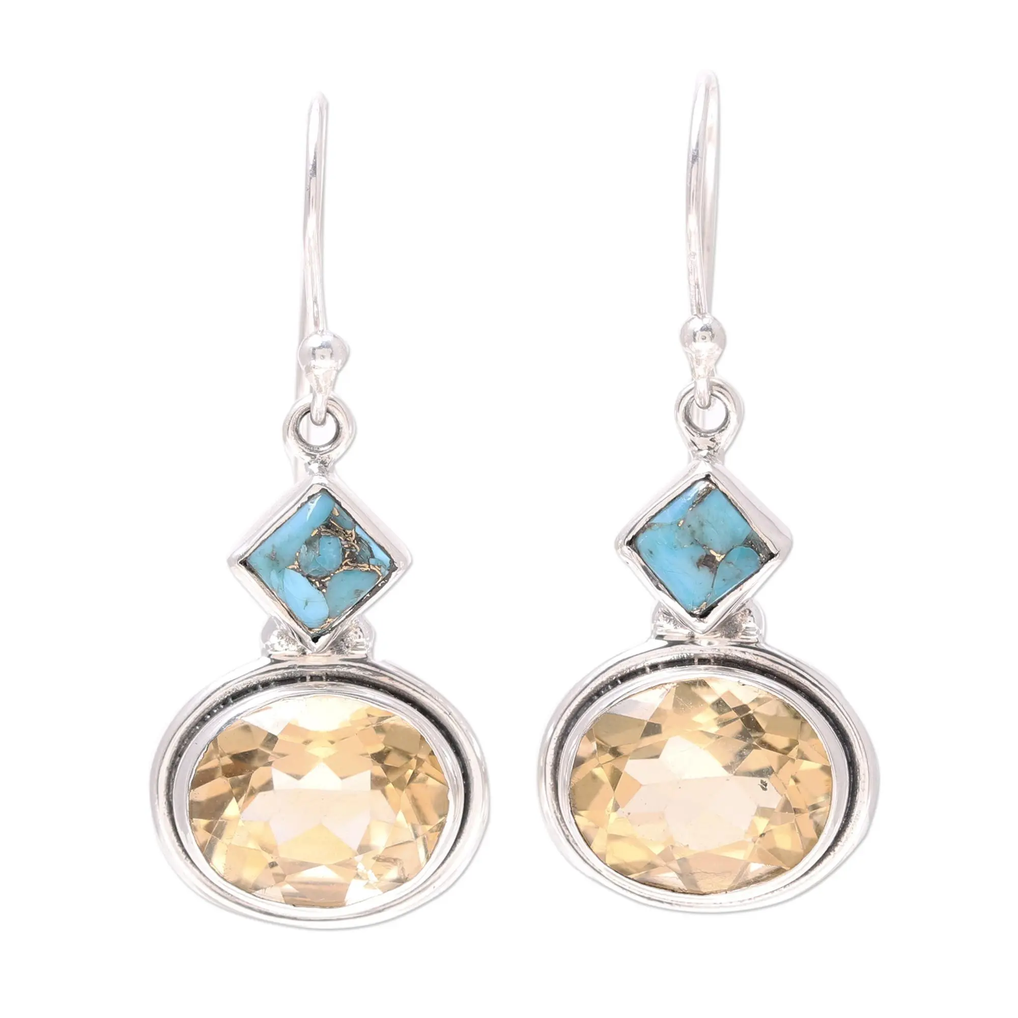 Novica Artisan Handmade Citrine Dangle Earrings Ninecarat Composite Turquoise Sterling Silver Reconstituted India Birthstone Gemstone [1.4 In L X 0.6 In W X 0.2 In D] ' Watery Gold'