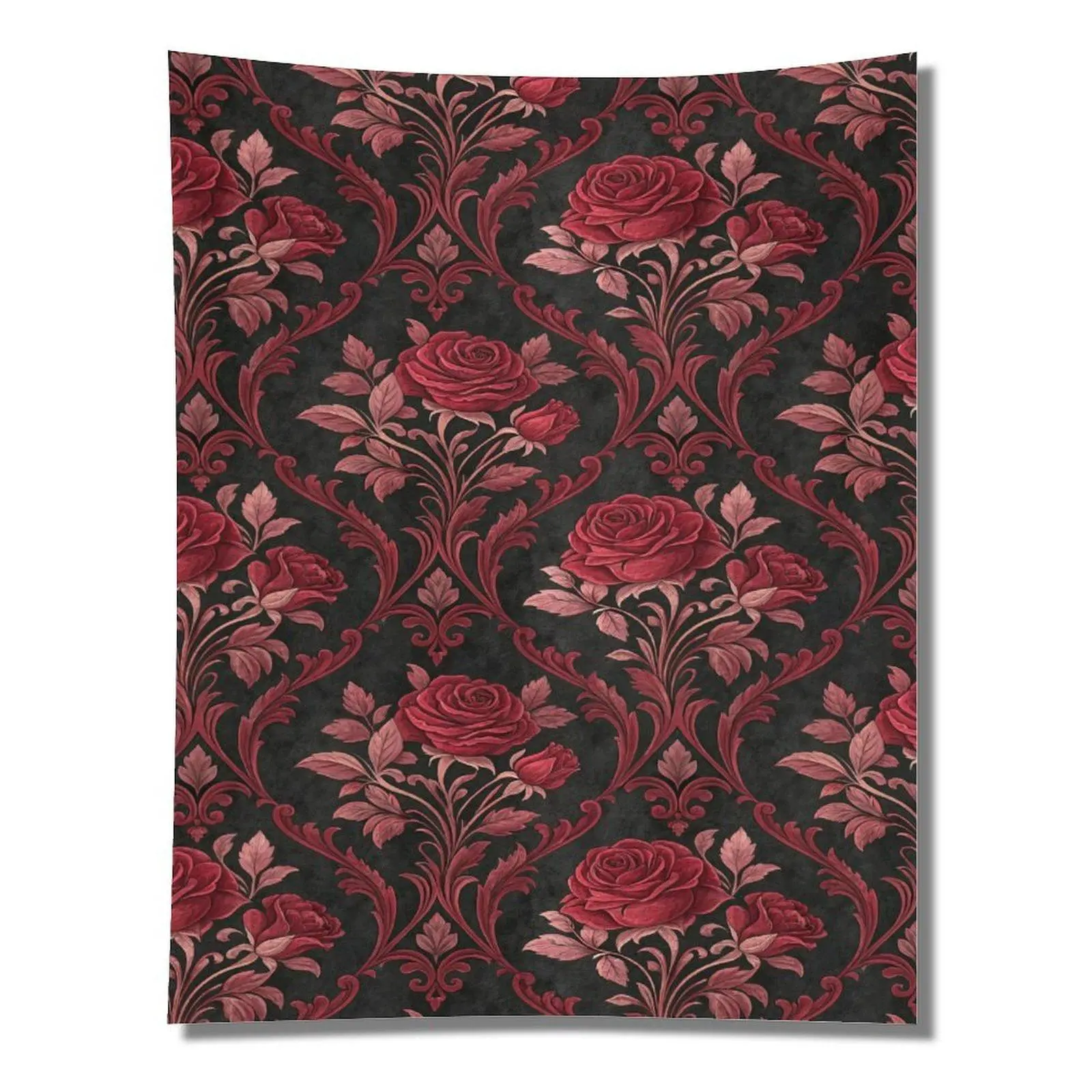 Vintage Red Rose Damask Floral Black Dark Background Seamless Wall Tapestry Wall Hanging, Gothic Romantic Cottagecore Bedroom Decor Ornament
