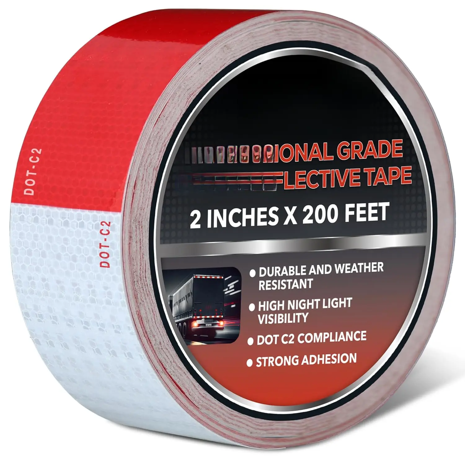 DOT C2 Certified Reflective Tape Roll, 2IN x 200FT - Outdoor Waterproof Conspicuity Tape - Red White for Trailers - High Vis Night Illumination Safety Marking