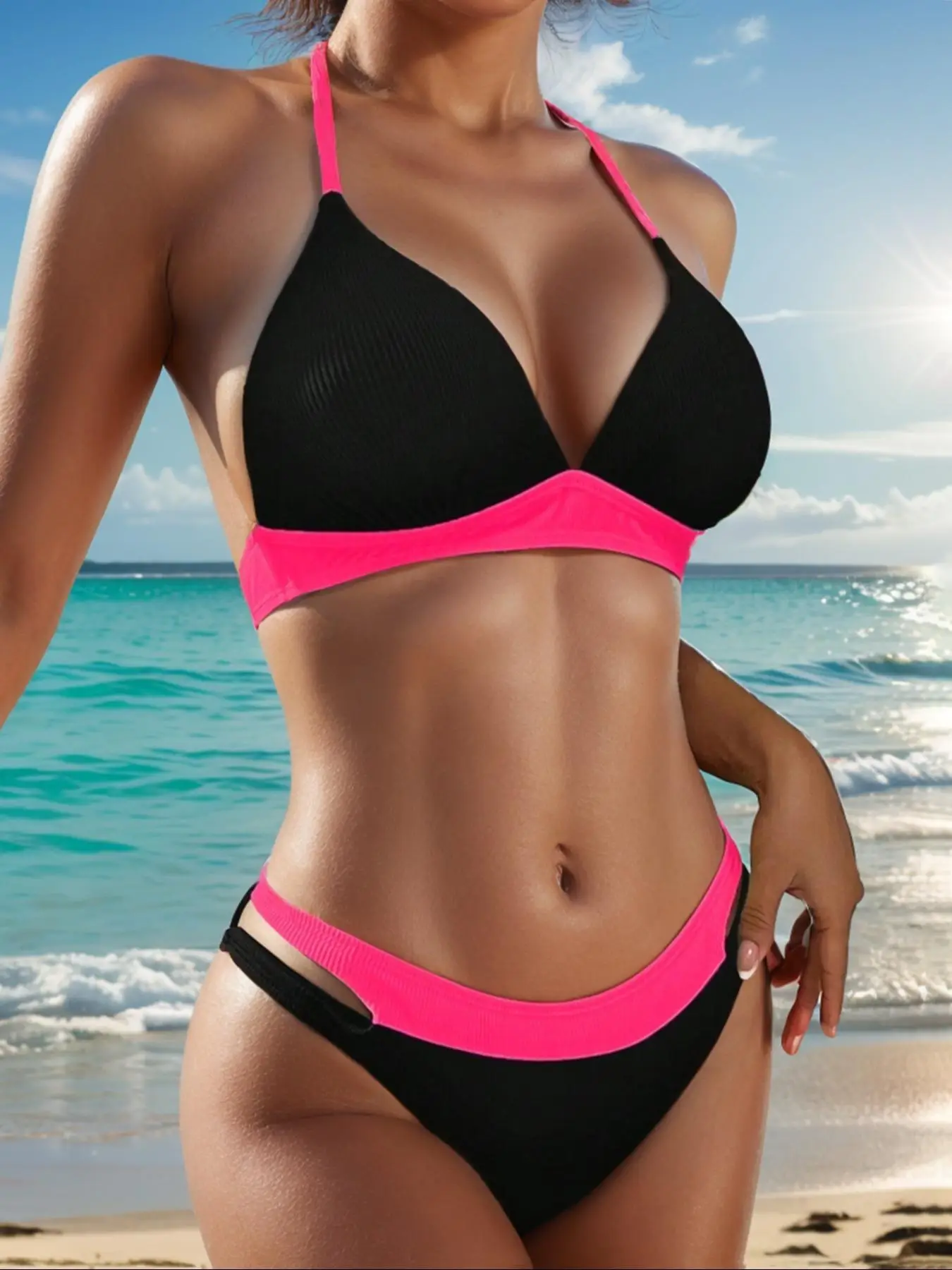 Women's Colorblock Contrast Binding Bikinis Set, Tie Back Wireless Swim Bra with Removable Pads Design & Cut Out High Cut Swim Panty, Ladies Swimwear