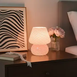 Mushroom Lamp Glass Table Bedside Light Semi-Transparent Murano Vintage Style Striped Night Mushroom Decorative Lamp Swirl for Environment Kids Bedroom Living Room Girl Gift Nightlight