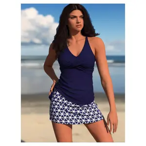 Women's Tank Top & Skirt Swimsuit Cover Up Set - Navy Blue Twist Front, Geometric Print - Beach, Pool, Vacation - Comfortable, Lightweight