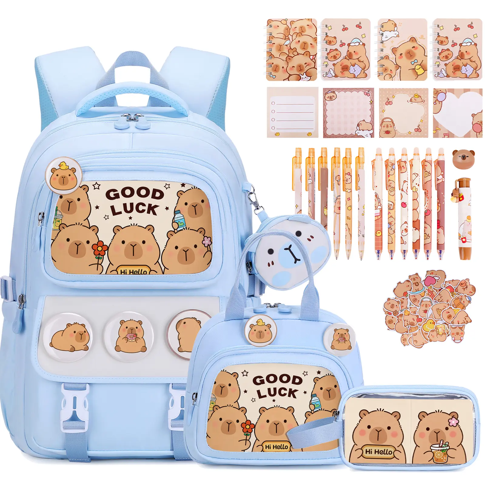 SIMILOVE Kids Backpack Set - Clear Display Pockets, Removable Capybara Insert Cards & Pins, First Day Back to School Haul Essential with School Supplies Compatibility for Headphones & Kids’ Lunch Box