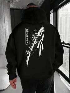 Men's Lightweight Samurai Print Hoodie, Long Sleeves, Casual Geometric Pattern Design with Kangaroo Pocket, Fall & Winter Streetwear, Gift Recommendation