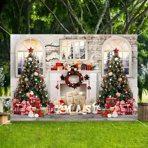 1pc festive Christmas background cloth decoration, polyester material, Christmas tree, Christmas wreath, white fireplace and other exquisite pattern designs, suitable for holiday decoration - Christmas decoration, courtyard, garden, living room decoration