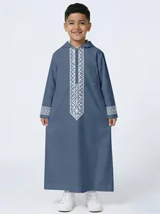 Boys' Middle Eastern Long Robe Blue Embroidered Hooded Ethnic Clothing for Muslim, Traditional Kids Fashion, Comfortable and Stylish