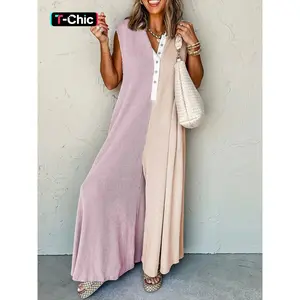 Women’s colorblock print button jumpsuit, casual sleeveless wide-leg baggy jumpsuit for daily wear, ladies’ clothing for all seasons