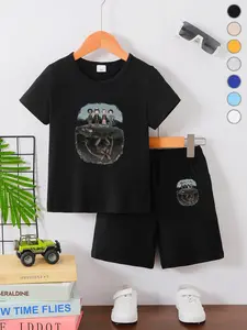 Summer Boys' T-Shirt Short Sleeve & Loose Shorts Set, Stranger Things Classic Character Print, High Elasticity, Casual