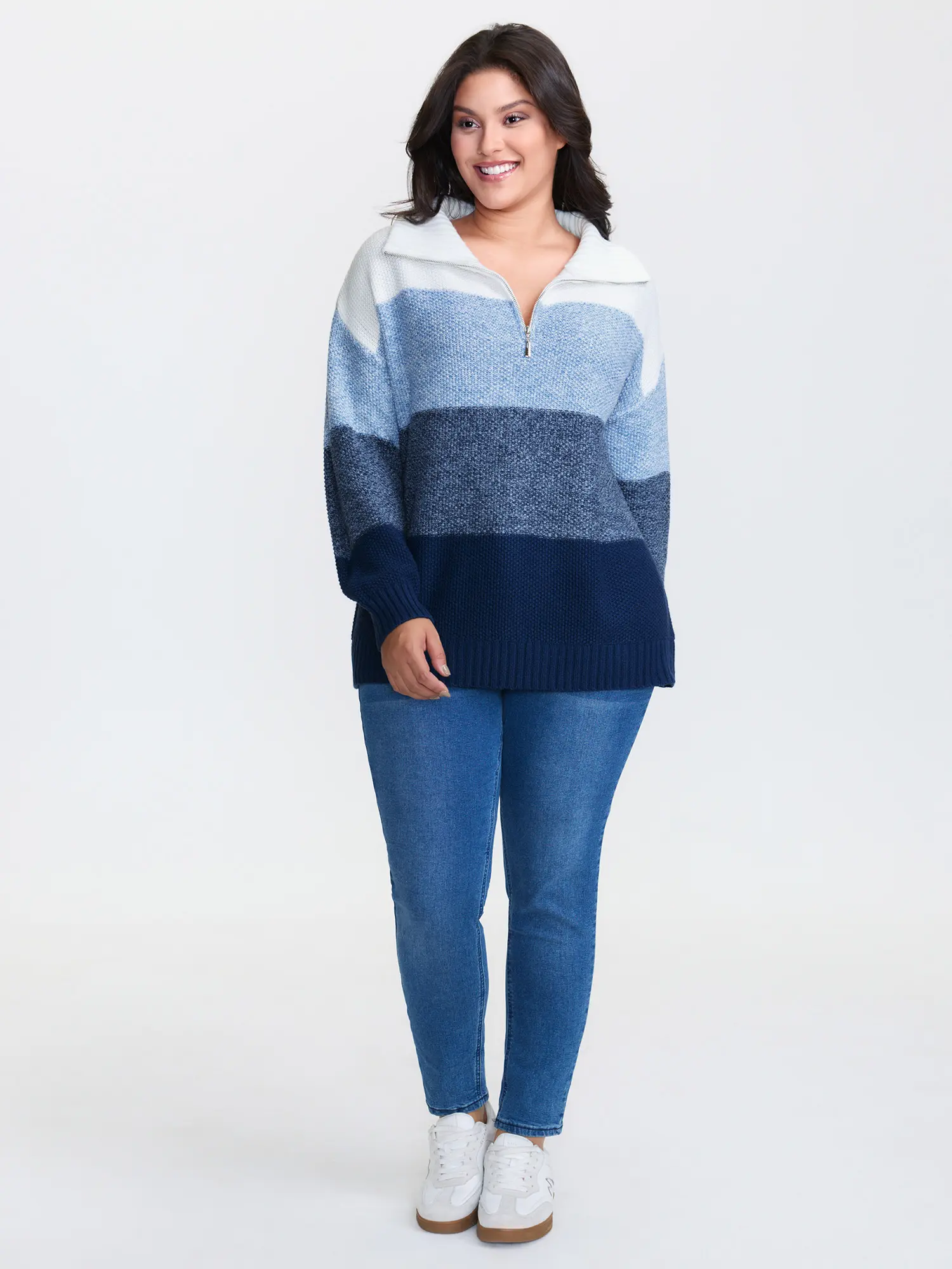 BloomChic Women's Long Sleeve Colorblock Half-Zip Polo Pullover - Geometric Print, Loose-Fit Acrylic Knit Fabric Garment, Alternative Style Knitwear, Low Iron Summer Top, Drop Shoulders