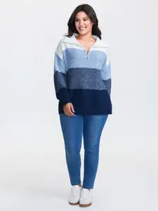 BloomChic Women's Indigo Long-Sleeve Colorblock Half-Zipper Knitting Polo Pullover - Loose-Fitting, Soft-Shoulder, Geometric Design Garment, Playful Style Top, Summer Wear Deals Womenswear Knitwear