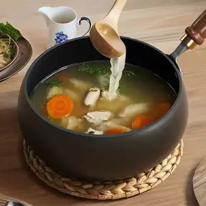 Nonstick Iron Frying Pot with Lid, Wooden Handle, Flat Bottom, Heat Resistant, Thickened Sauce Pot, Home Kitchen Cookware