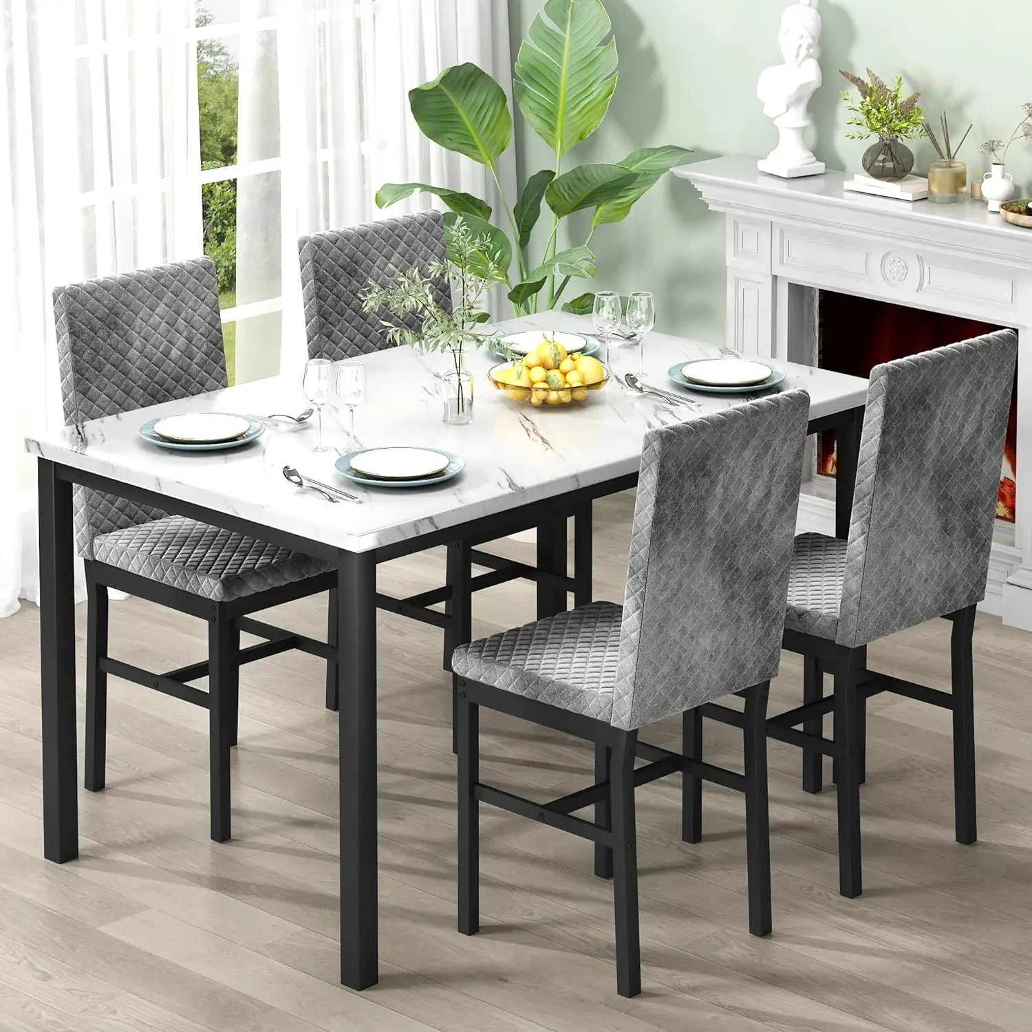 Recaceik Dining Table Set for 4 Faux Marble Velvet Dining Set with 4 Upholstered Velvet Chairs Modern Dining Room Table Set for Kitchen and Dining Roo