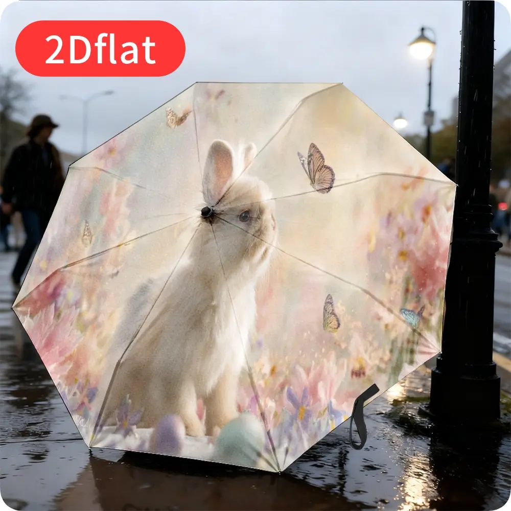 An Easter Bunny folding umbrella – featuring an adorable bunny and floral design with 2D flat printing, lightweight and portable, crafted with a durable canopy, sturdy plastic, and metal frame, ideal for daily use,