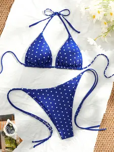 Blue Polka Dot Fashion Beach Vacation Bikini Two-Piece Set, Tie Back Bikinis, Ruched Knot Bikini, Casual Floral Pattern, All Seasons Wear, Women's Swimsuit