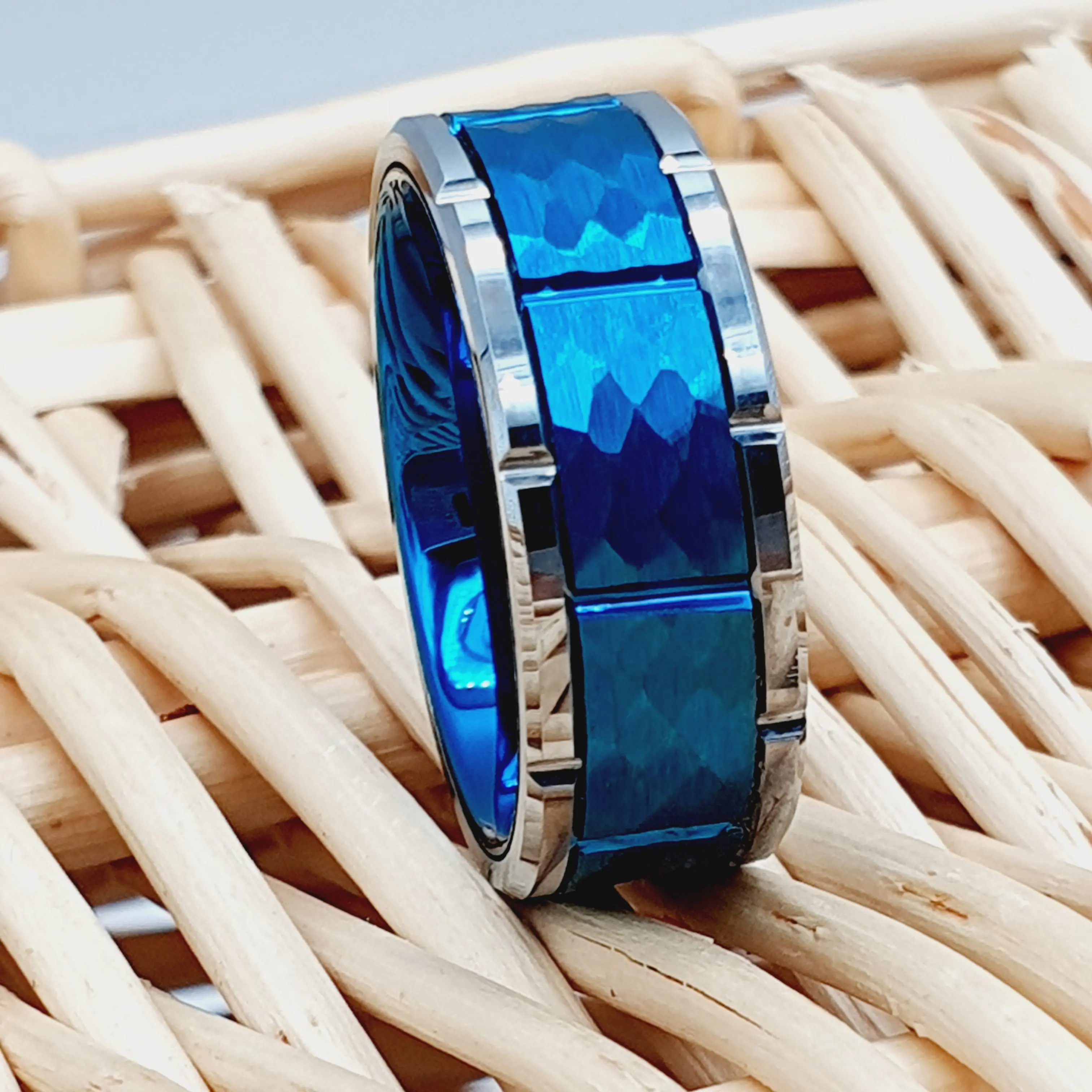 Custom Engraved Personalized Blue IP Tungsten Ring for Men and Women, High Polished Beveled Edge with Notch Hammered Finish - 8mm