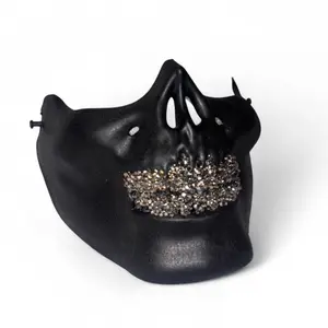 Black Half Skull Mask With Blinged Out Platinum Silver & Black Diamond Grillz