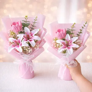 Handmade Crochet Lily Bouquet – Pink Stargazer Lilies, Handmade Yarn Flowers