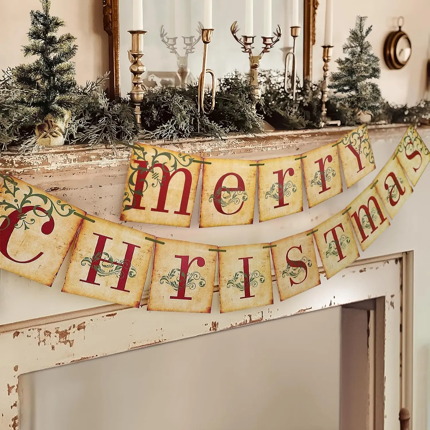 Christmas Decorations - Vintage Merry Christmas Banner - Retro Nostalgic Traditional Old Fashioned Victorian Xmas Holiday Clearance Decor for Indoor Home Office Fireplace Mantle Farmhouse ORIENTAL CHERRY