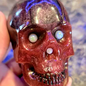Metallic Skull Figurine – Red and Back Shimmer Decor Gothic with Pearlescent Accents Handmade From Resin 2.25"