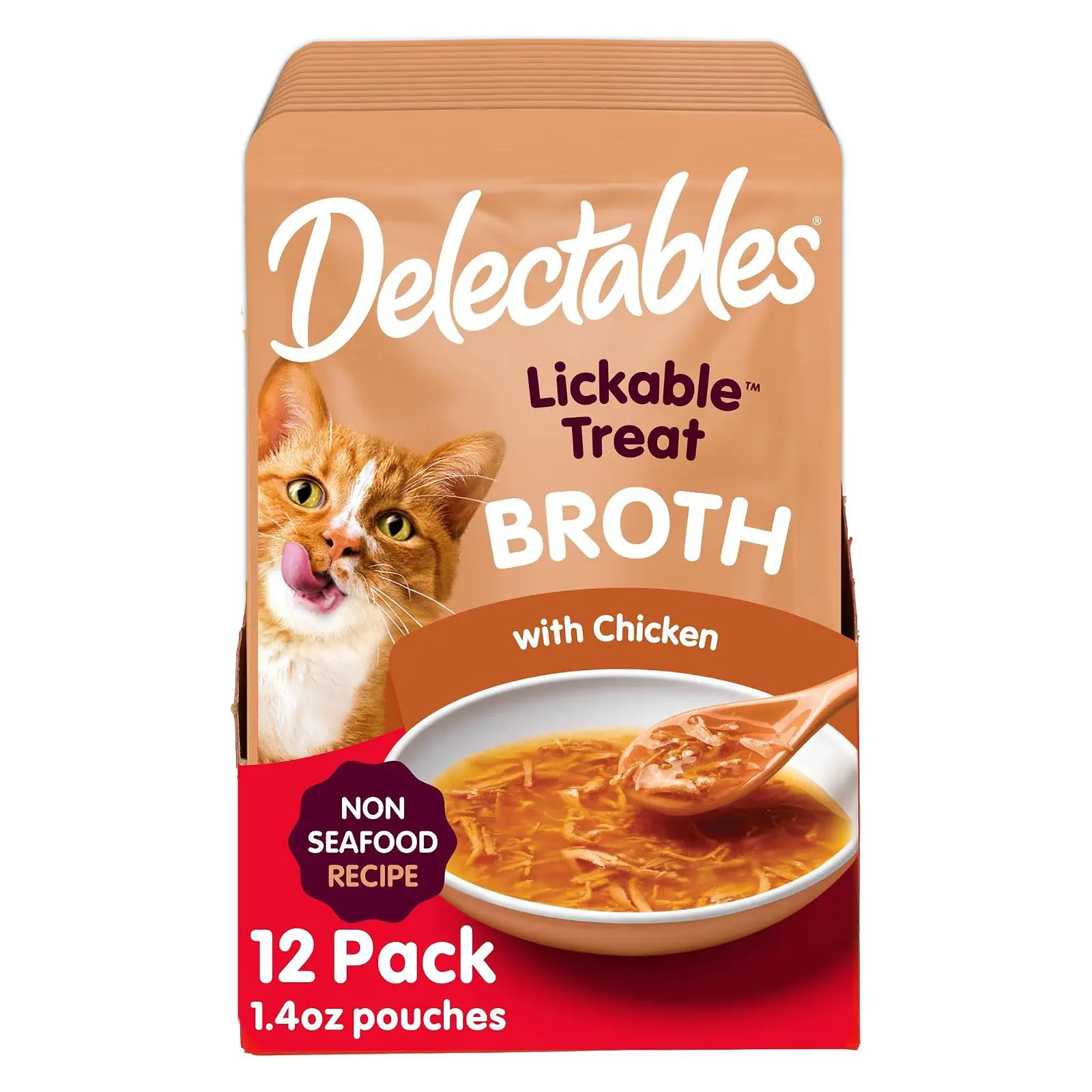 Delectables Lickable Treat Savory Broth Non-Seafood Wet Cat Treat with Real Chicken, Food Topper, Hydrating, Grain-Free, No Fillers, No By-Products, No Added Preservatives, 1.4oz Pouch, 12ct