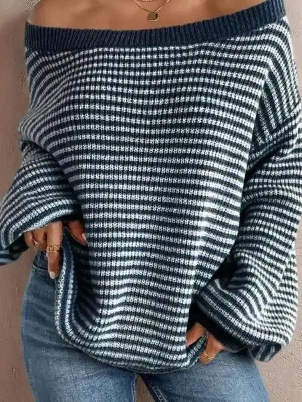 Women's Striped Drop Shoulder Sweater Casual Bishop Sleeve Boat Neck Jumper Tops for Daily Back To School Fall Ladies Knitwear Preppy 80s Fall Outfits Fallfreshness