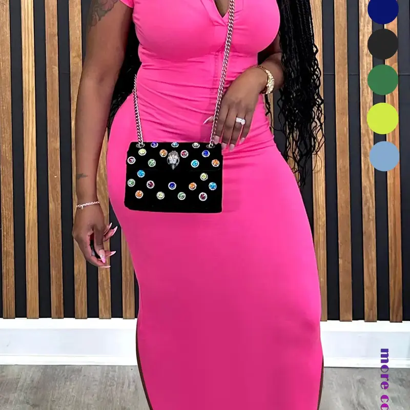 Women's Plain Collared Knitted Bodycon Fit Dress, Solid Color Short Sleeve Long Dress, Ladies Clothes for All Seasons, Casual Everyday Wear, Basic, Day