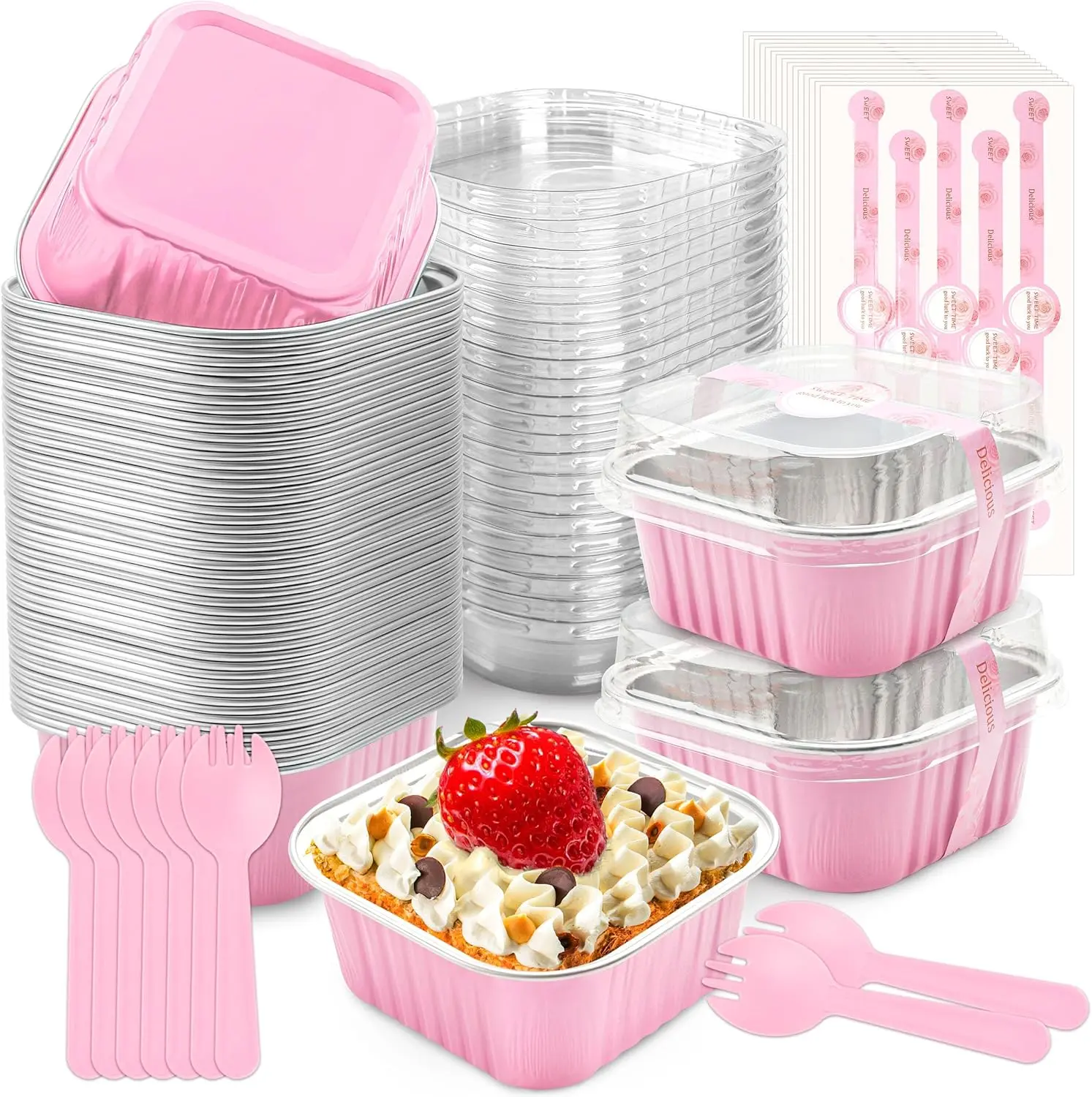30 Pcs 5OZ Mini Cake Pans with Lids and Spoons Aluminum Foil Mini Square Baking Cups with Lids Disposable Ramekins Cake Pans Dessert Cups for Wedding Birthday Party(Pink,5oz)