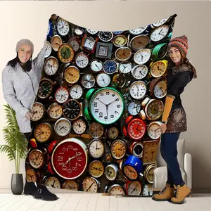 Vintage Clock Pattern Blanket, 1 Count Colorful Clock Pattern Soft Warm Nap Throw Blanket, Air-conditioned Room Blanket for Home Office Travel Dormitory Camping, Fluffy Blanket