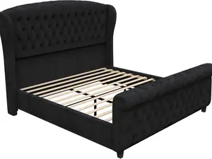 AMERLIFE Chenille Upholstered Sleigh Bed with Curved Headboard & Footboard, Deep Button Tufted, Wood Slats Support, No Box Spring Needed