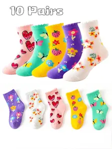 10 Pairs Girl Cartoon Socks, Cute Flowers Fruit Butterfly Design, Candy Colored Socks, Soft Comfortable Kids Socks, All Seasons Use, Perfect Gift for Girls