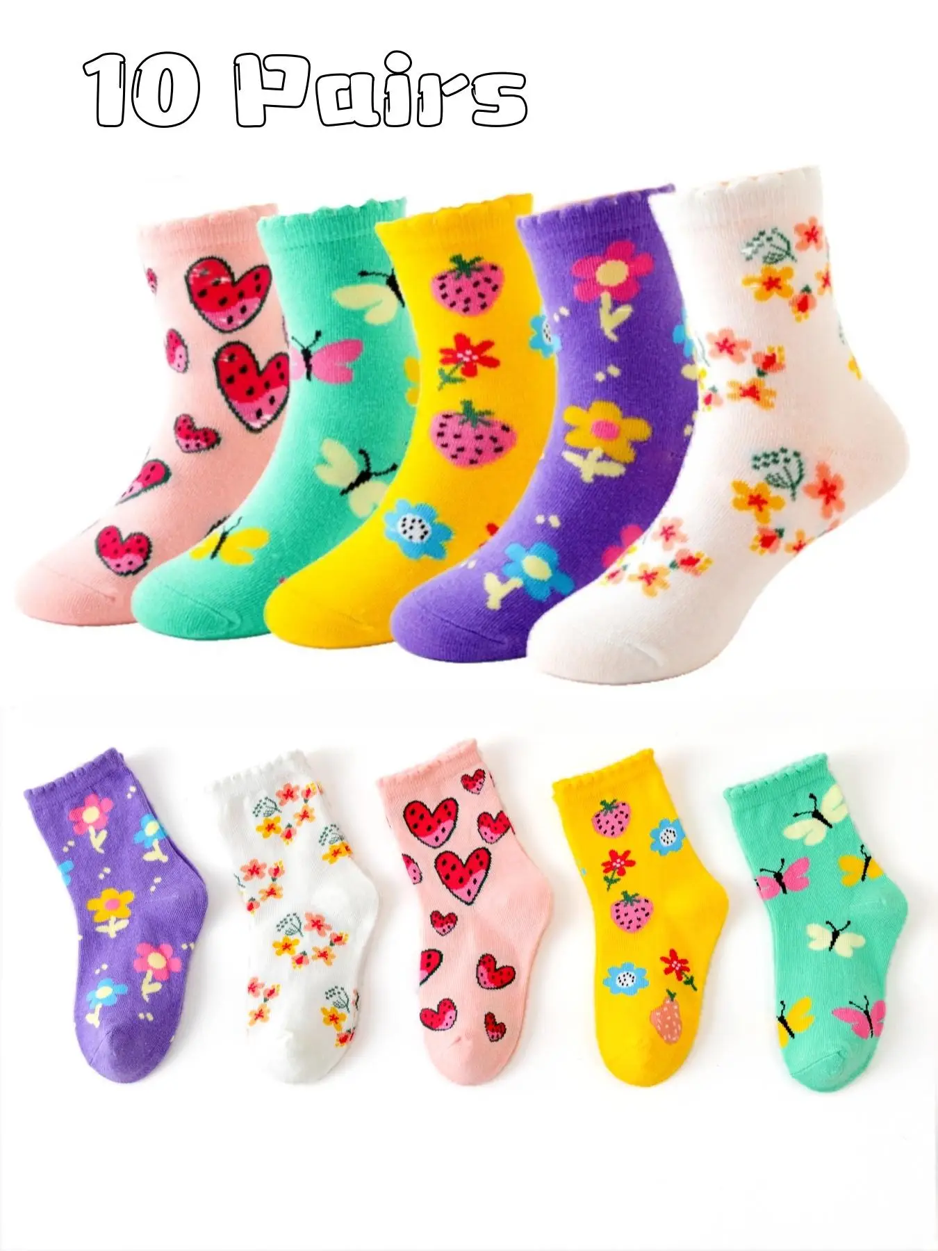 10 Pairs Girl Cartoon Socks, Cute Flowers Fruit Butterfly Design, Soft Comfortable Kids Socks, All Seasons Use, Perfect Gift for Girls