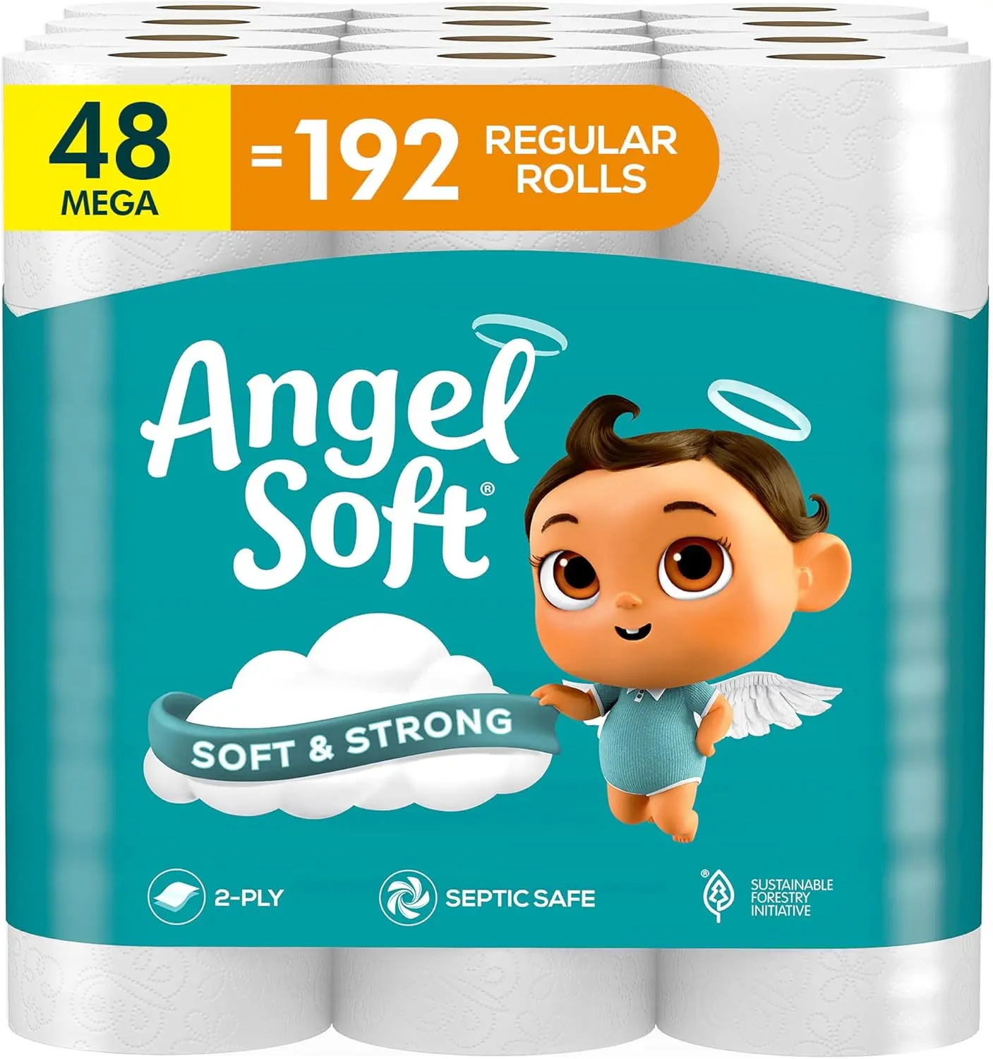 Angel Soft Toilet Paper, 48 Mega Rolls (=192 Regular Rolls), Soft & Strong Toilet Tissue Sheets for Home Care Kitchen Use Wipes