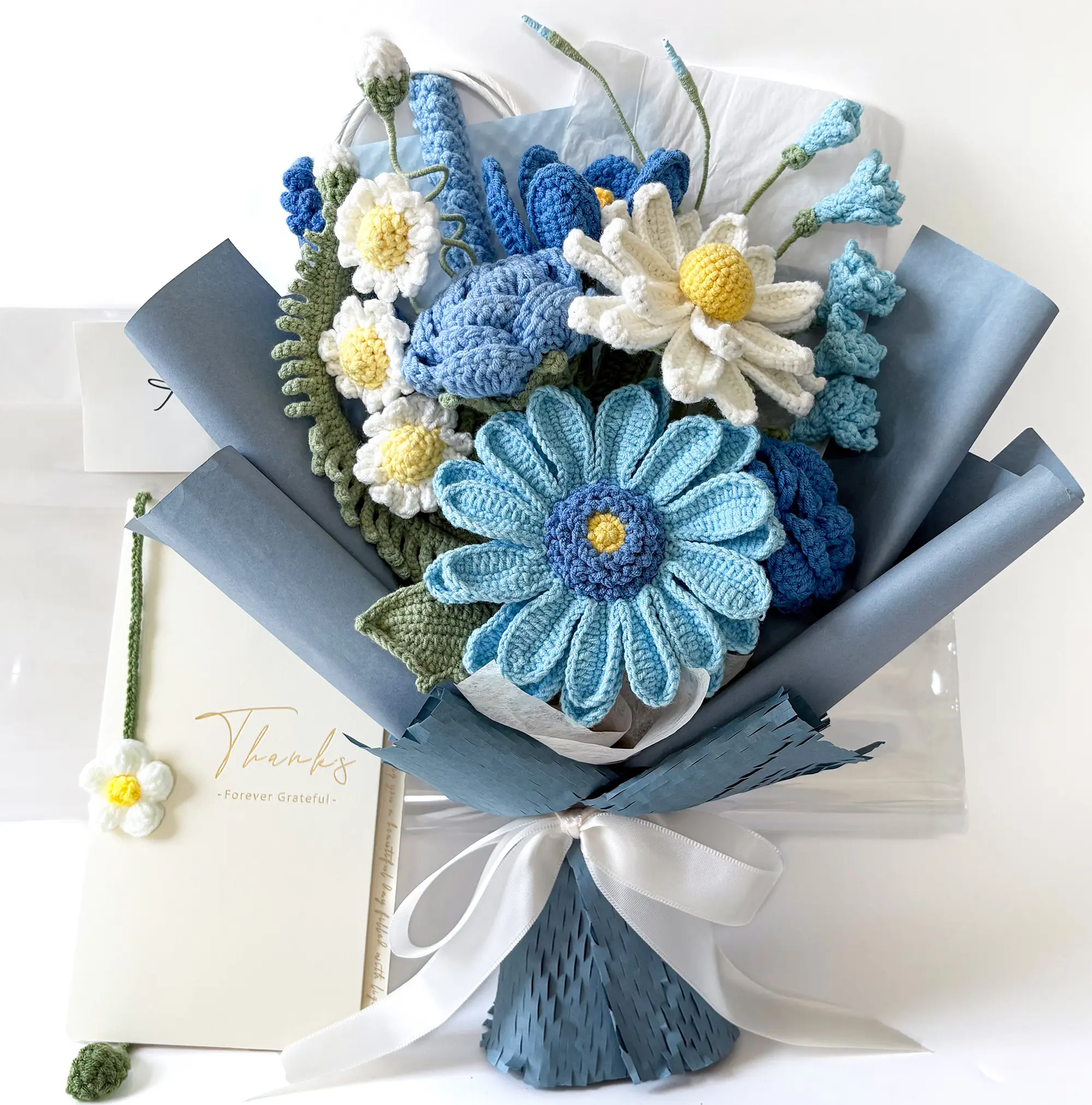 Premium Minimalist Crocheted Flower Bouquet - Handmade Faux Yarn Decor, Never Wilts, for Home Decor, Anniversary, Birthday Gifting, Includes Gift Bag & Greeting Card (Blue)