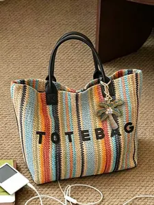 New daily simple and large-capacity casual tote bag, textured personality striped shoulder bag for women
