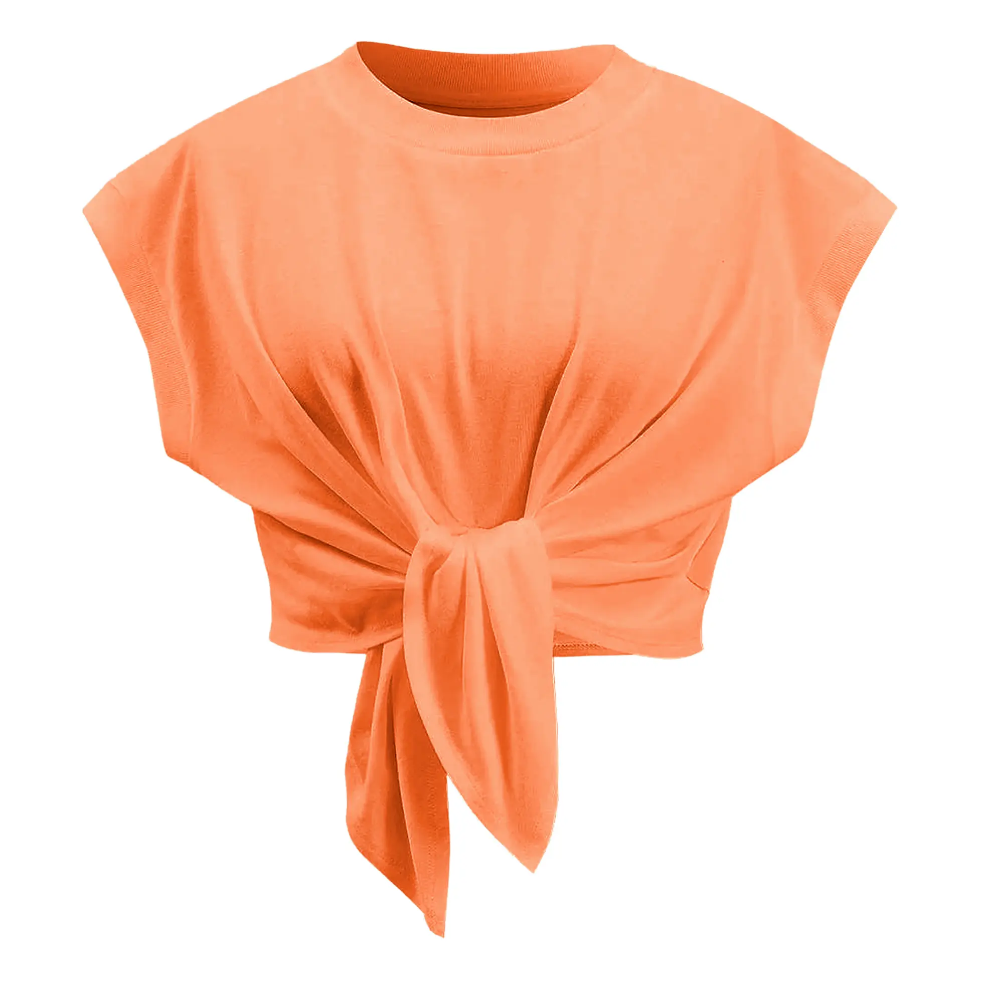 Hixiaohe Women Tie Front Tops Casual Crew Neck Cap Sleeve Pullover Ruched T-Shirt Cute Crop Tee Shirt Blouse Summer Outfits
