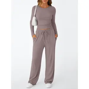 Women's 2 Piece Matching Lounge Set Long Sleeve Slightly Crop Top Wide Leg Pants Casual Sweatsuit