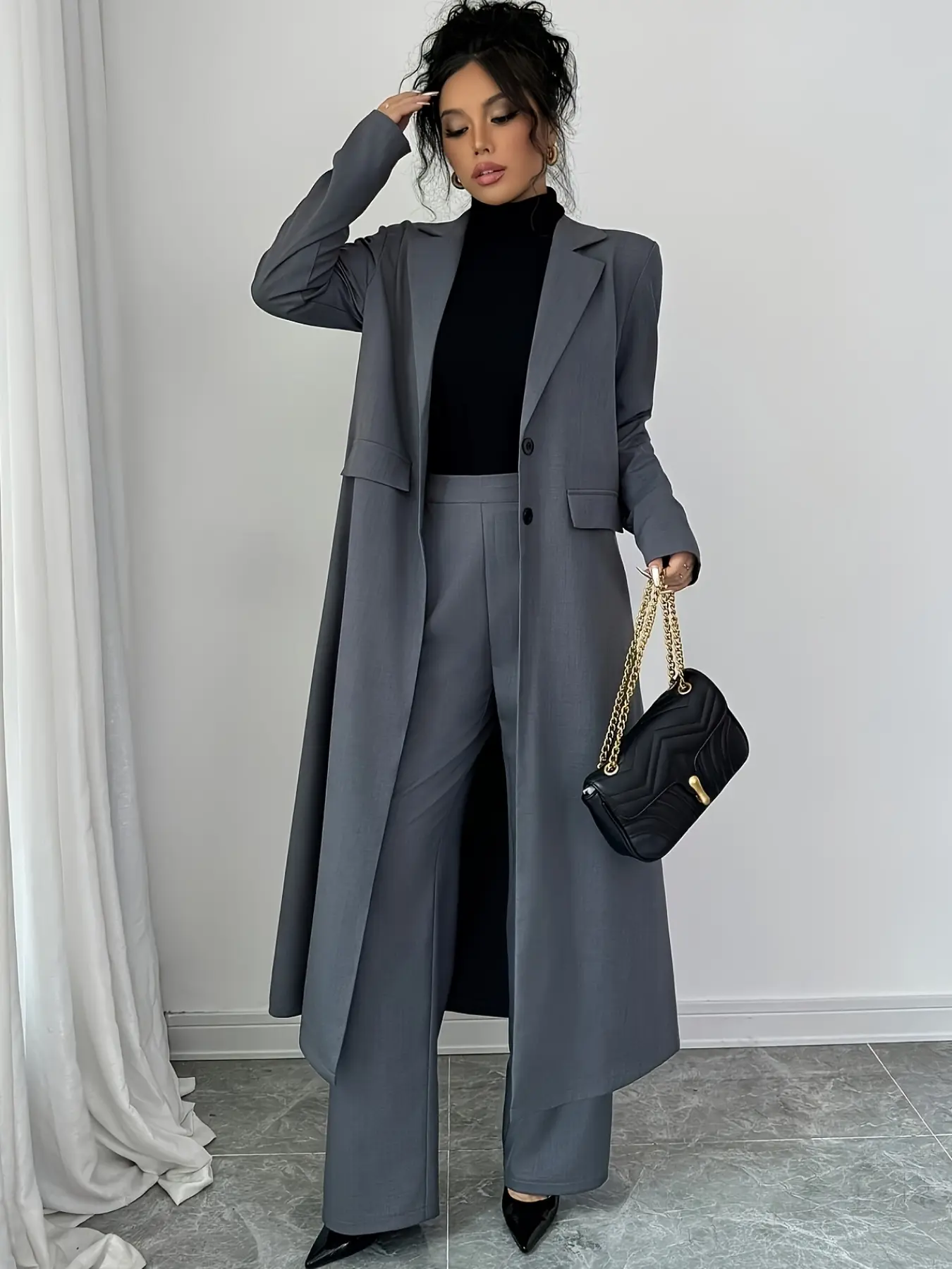 Two piece women's casual Chic Elegant Womenswear long Fitted suit jacket and pants set, Coordinate, suitable for autumn and winter, suitable for home, indoor, and outdoor wear, Long Sleeves, Blazer, Outfit