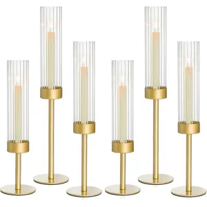 Hurricane Candle Holders Set of 6, Brass Metal Candlestick Holders for Taper Candles, Modern Table Centerpiece Decor for Wedding, Party & Holiday Decorations